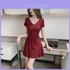 Modern Slim Fit Vneck Short Skirt With Wrinkled Fabric For Summer Women