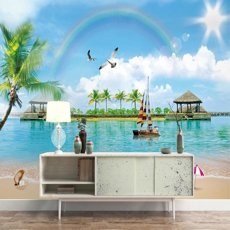3d Photo Wallpaper Mediterranean Beach Rainbow Scenery Mural For Living Room Bedroom Background Wall Paper