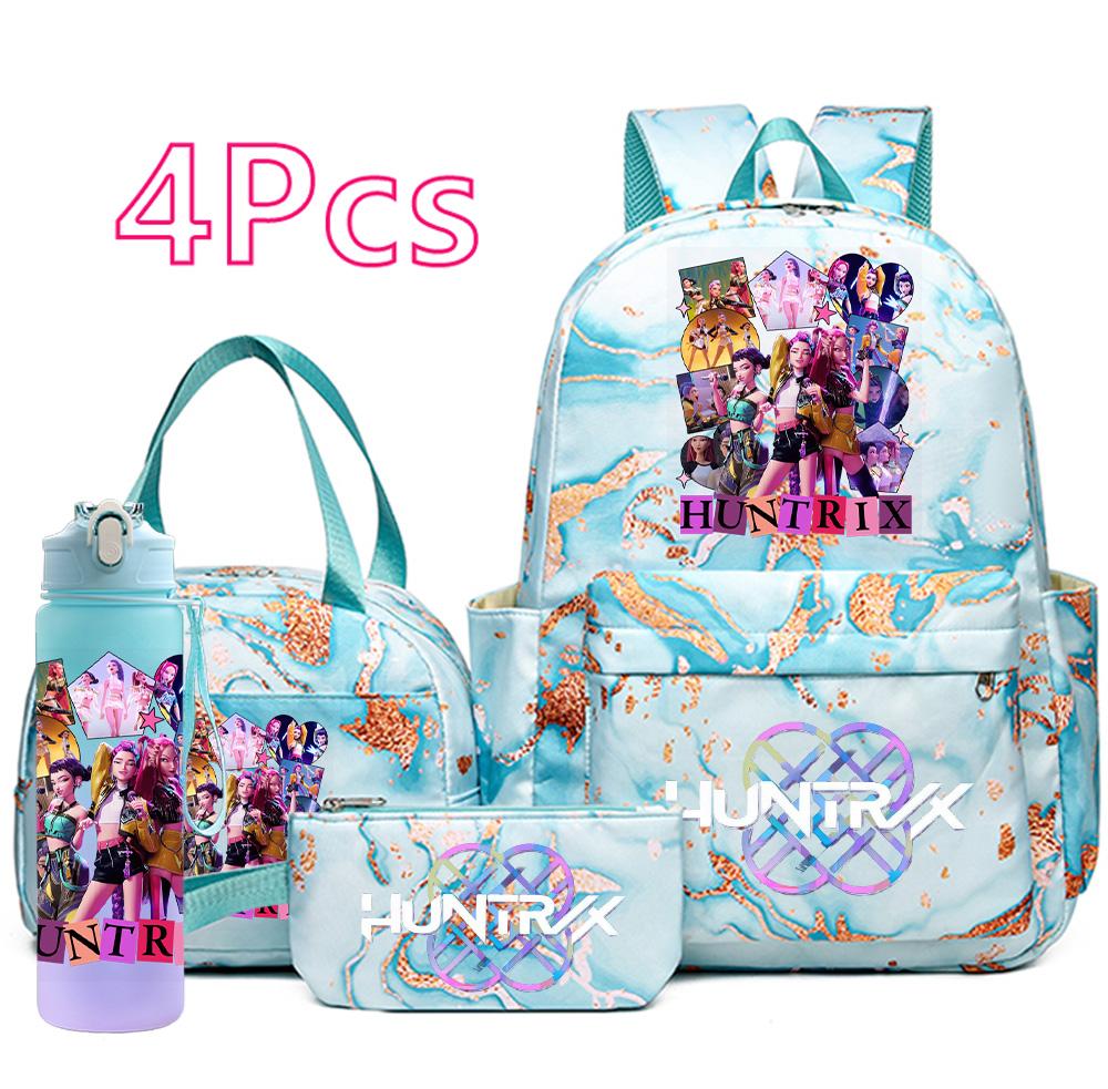 4 Pezzi/set Zaino Stampato Cacciatori di Demoni Cartoni Animati Borsa Astuccio con Borraccia da 750 ml per Ragazzo Ragazza Adolescente Zaini Scolastici di Grande Capacità