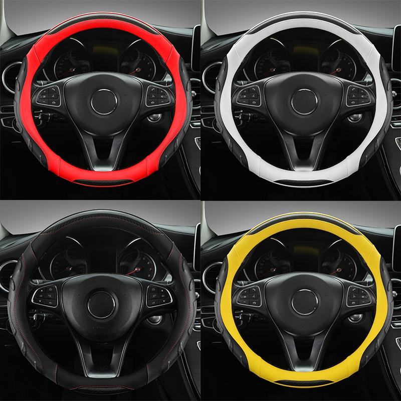 Premium Perforated PU Leather & Carbon Fiber Steering Wheel Cover, Non-Slip & Breathable, Universal Fit for 14.5-15 Inch Wheels