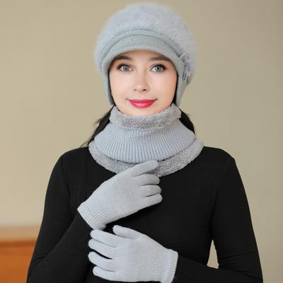 3 Pcs/Set Mid-aged Women Winter Beanie Scarf Gloves Set Thick Knitted Ear Protection Cap Gloves Elastic Windproof Cycling Dome Hat Neck Wrap Set