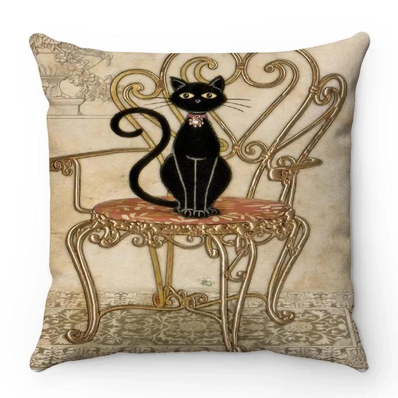 Retro black cat cartoon anime cat French decorative bedroom sofa seat car restaurant study room pillow sleeve pillowcase