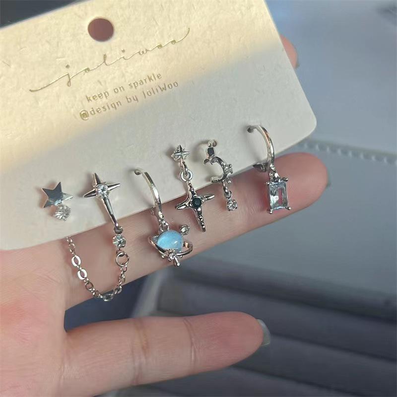 6-Piece Set Of Stud Earrings, Mango Chain Design Ear Buckle Earrings, Temperament Versatile Planet Zircon Earrings.