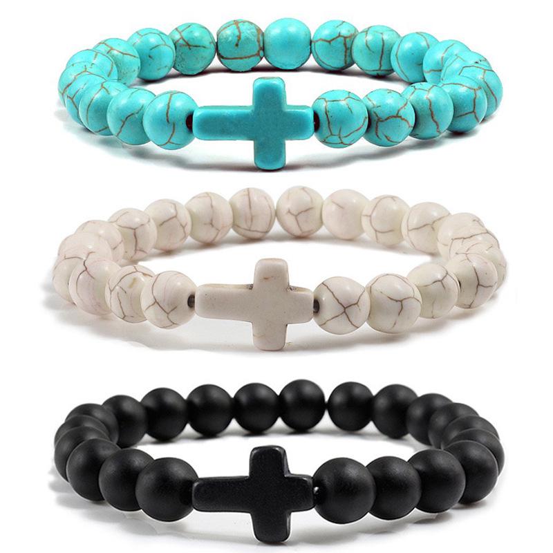 Turquoise Cross Elastic Yoga Bracelet with Black Volcanic Stone