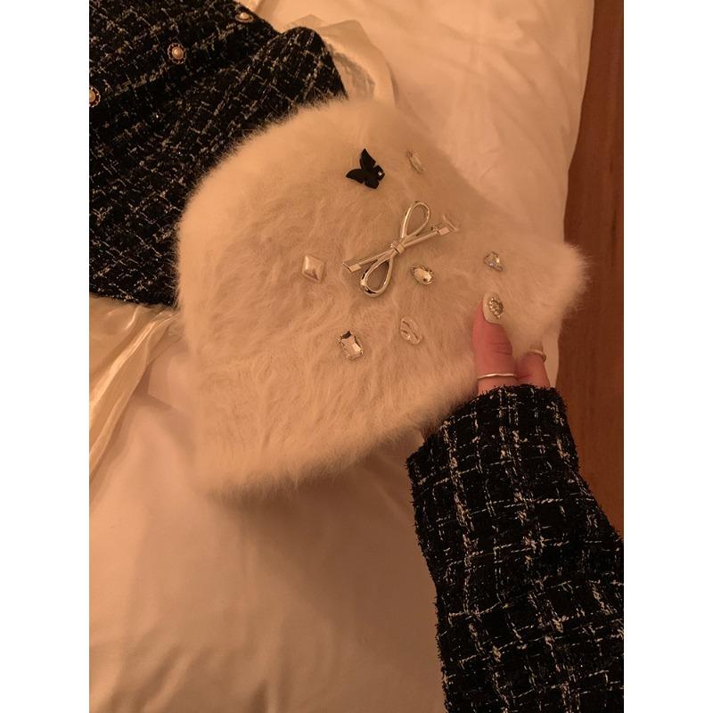 Корейская драма Героиня Пушистая шляпа-ведро Стразы Бант Плюшевая шляпа-ведро Шляпа рыбака Женская Зимняя Маленькое лицо M（56-58cm）