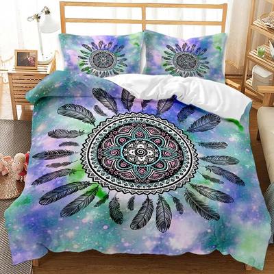 Dream Catcher Feather Duvet Cover Queen Size,Bohemian Mandala Bedding Set,Tie-Dye Spiral  Polyester Comforter Cover for Girls