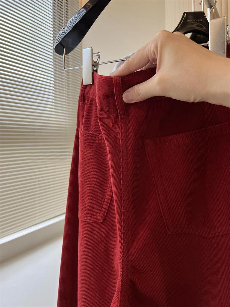 Chic Red Angora Ribbed Wide-Leg Pants with Superior Fabric