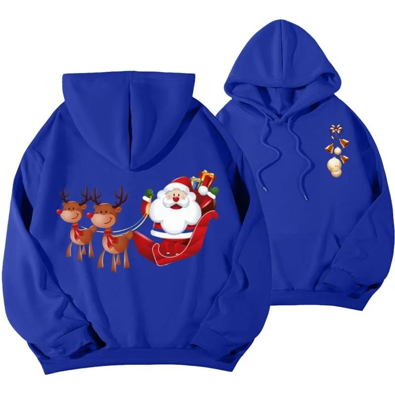 Cute Cartoon Flying Reindeer Santa Claus Graphic Unisex Hooded Sweatshirt, Loose-fit Winter Xmas Streetwear