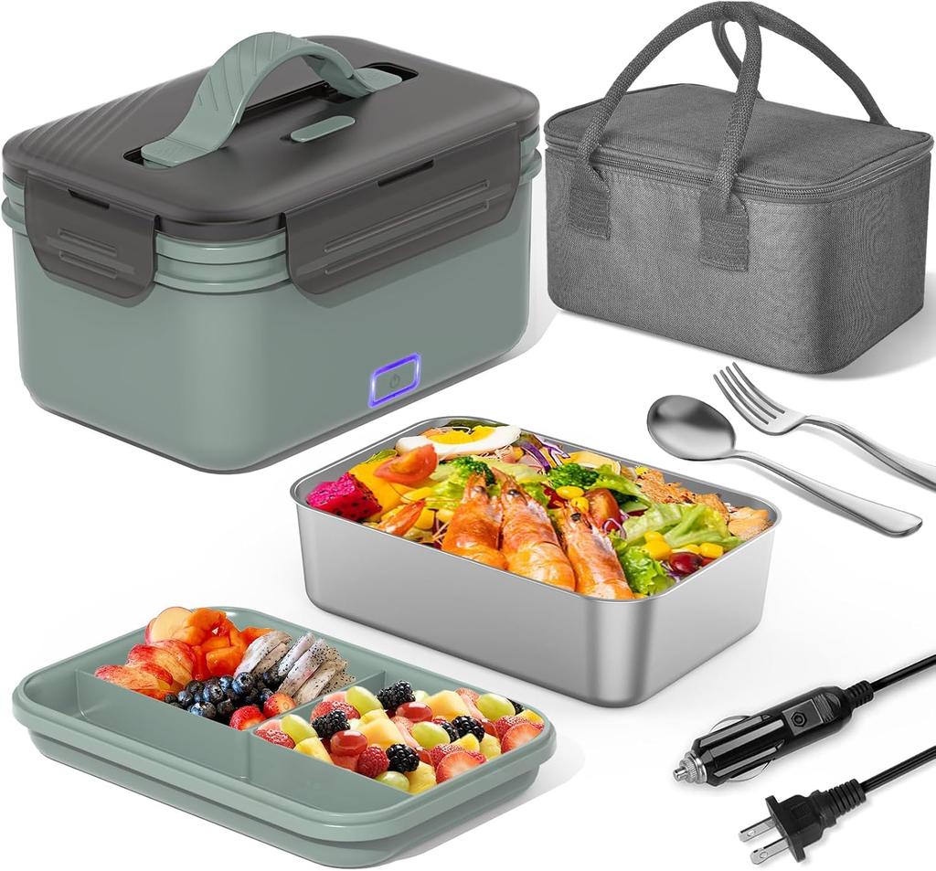 Electric Heated Lunch Box 2-Pack, Portable 12V/24V/110V, Stainless Steel Container with Fork Spoon for Work/Car