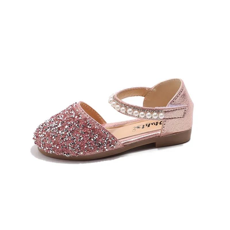 

Girls Leather Shoes Toes Capped Soft Sole Kids Sandals Performance Shows 2025 Summer New Children Princess Shoes Sweet Trendy 21 розовый