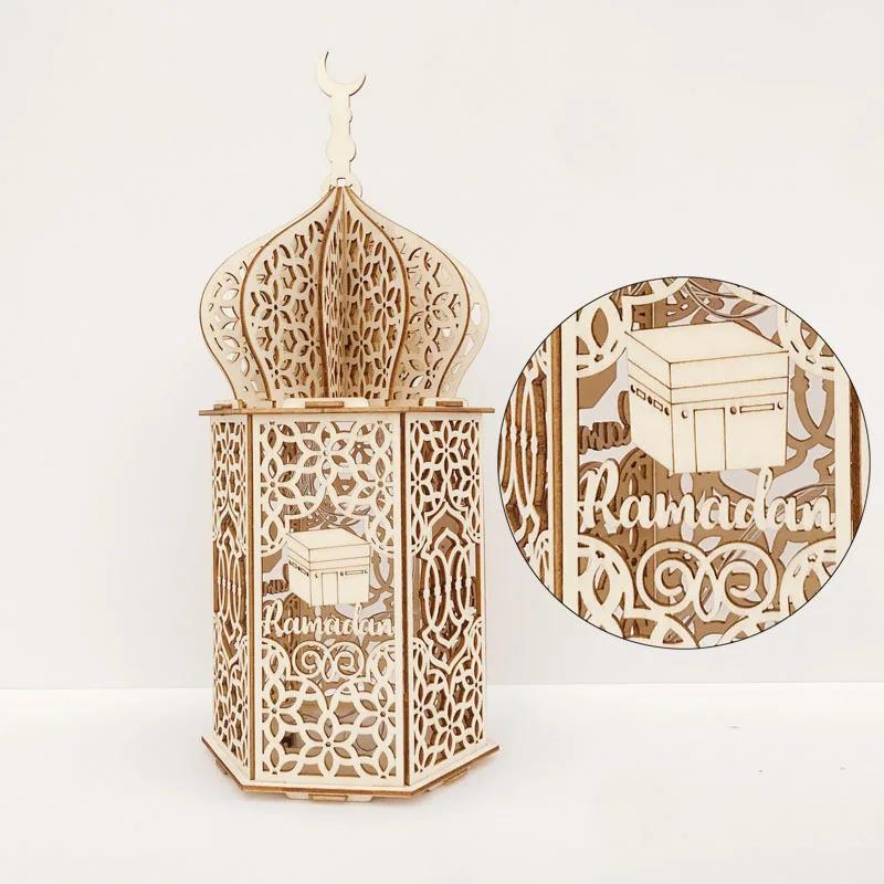 Eid Mubarak Wooden Pendant With Led Candles Light Ramadan Decorations For Home Islamic Muslim Party Eid Ramadan Decoration
