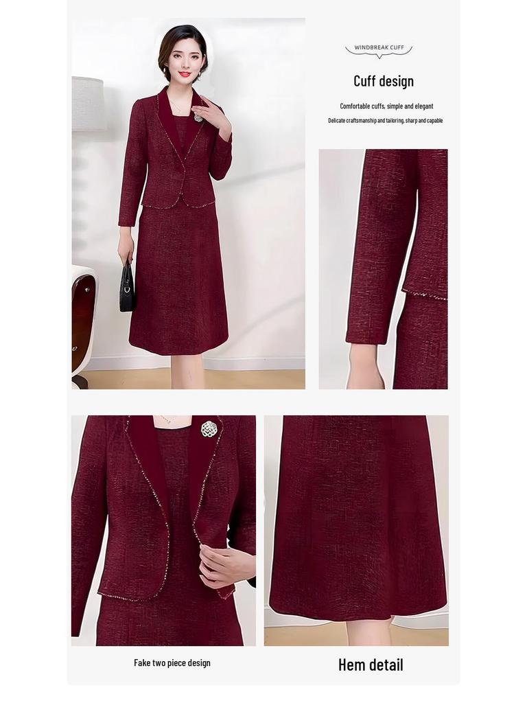 Elegant Winter Plus-Size Mid-Length Faux Two-Piece Dress for Mother-in-Law's Wedding Banquet 2025