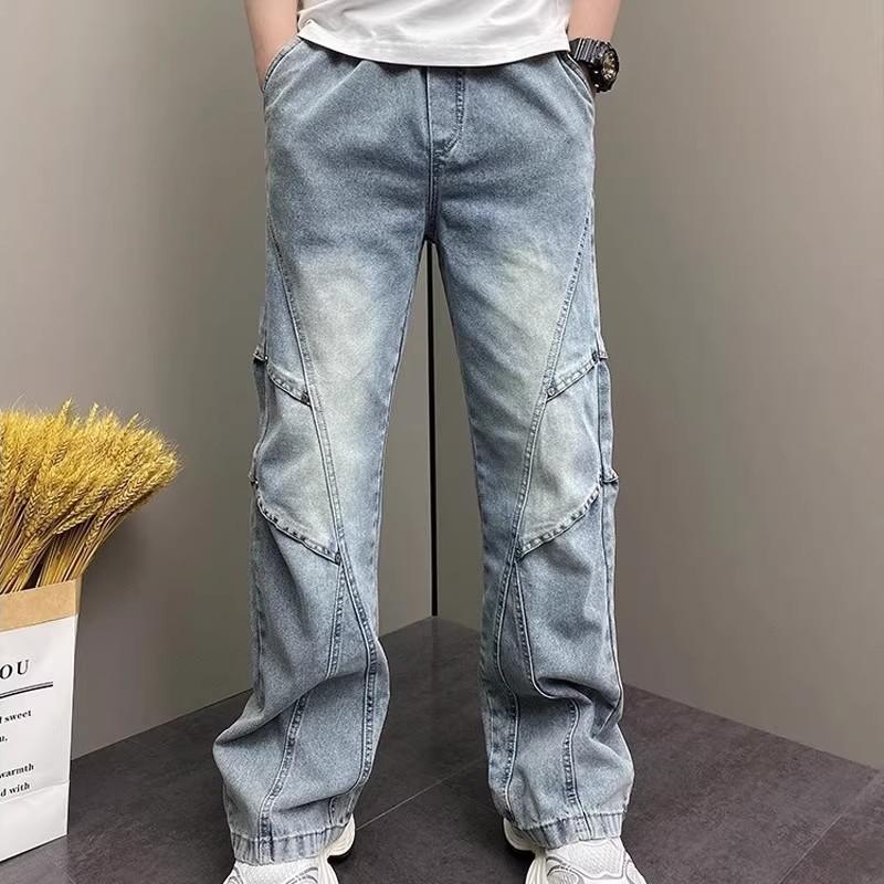 American micro-pull jeans boys autumn and winter design sense elastic waist loose straight trend versatile casual men's pants