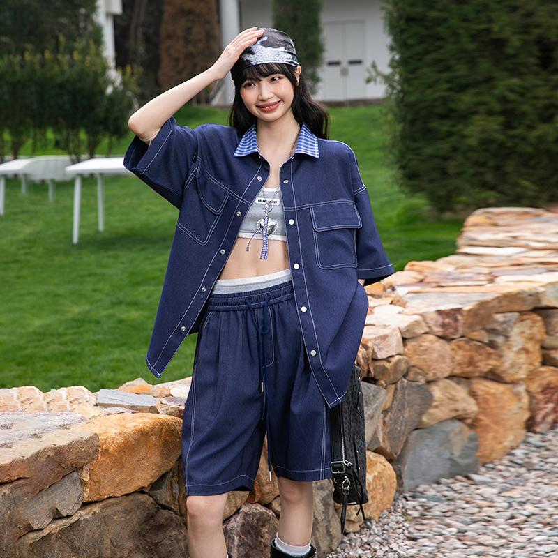 Summer Denim Set for Men's Women 2 Piece Casual Short Sleeve Boxy Shirt Tops and Shorts Pants Lounge Sets Outfits