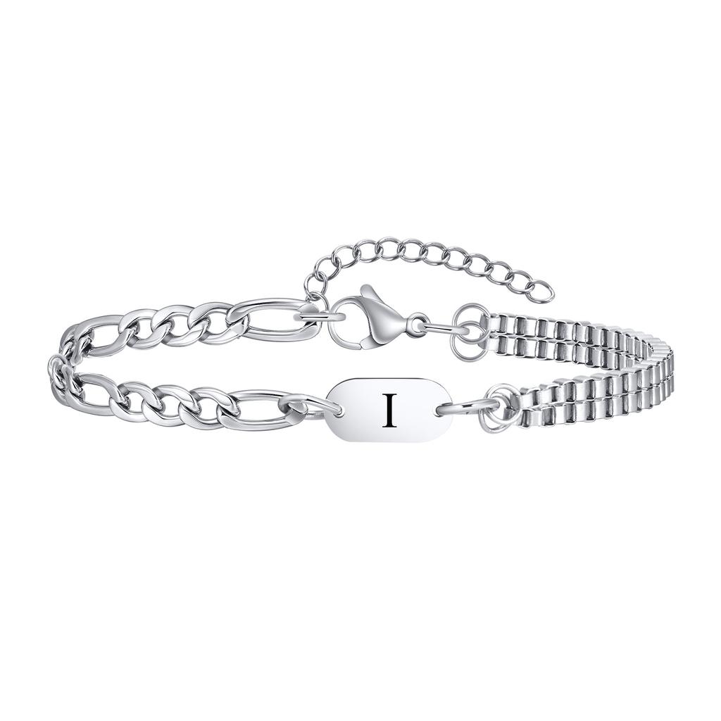Vnox A-Z Initial Bracelets for Men Women, Never Fade Figaro Chain, Double Layered Box Link Chain Bracelets, Name Gift for Him