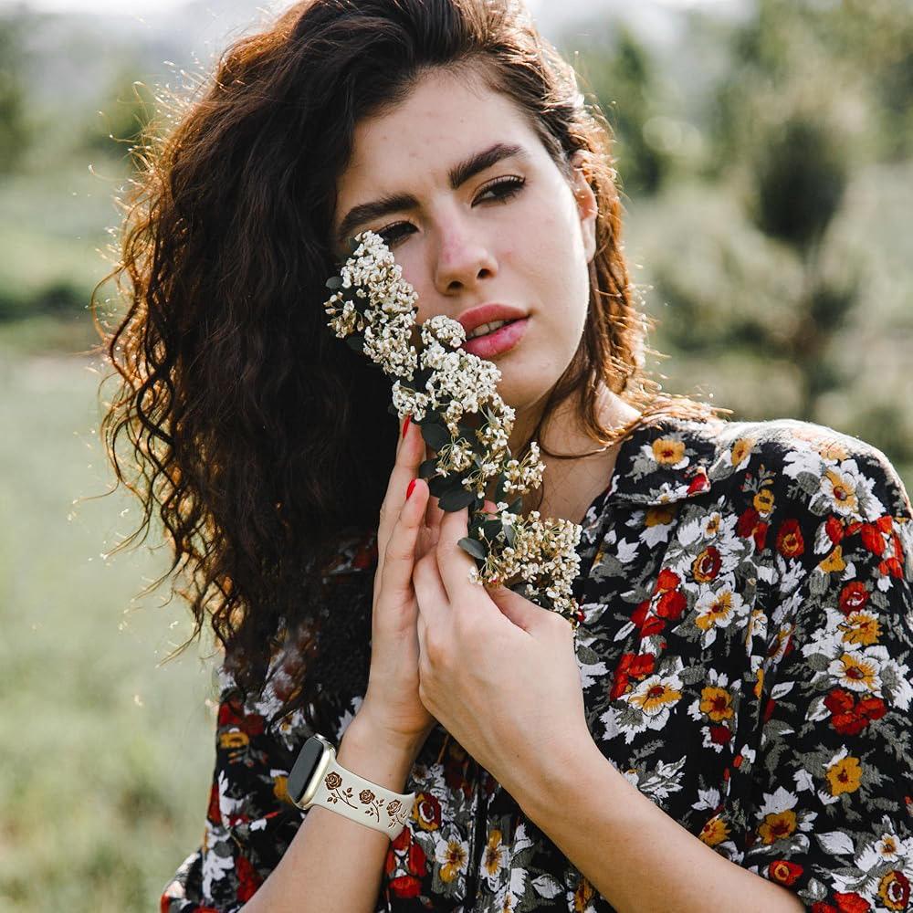 Two-Tone Flower Engraved Watch Band 46mm Compatible with Apple Watch Series 10 42mm 38/40/41/44/45/49mm for Women Rose Flower Soft Straps