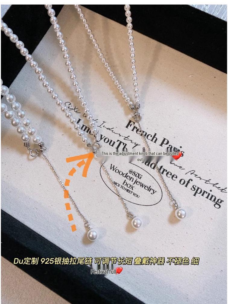 S925 Silver Mother-of-Pearl Pearl Necklace for Women - High-End, Lustrous, Round Beads On Clavicle Chain, Trendy Choker Design.