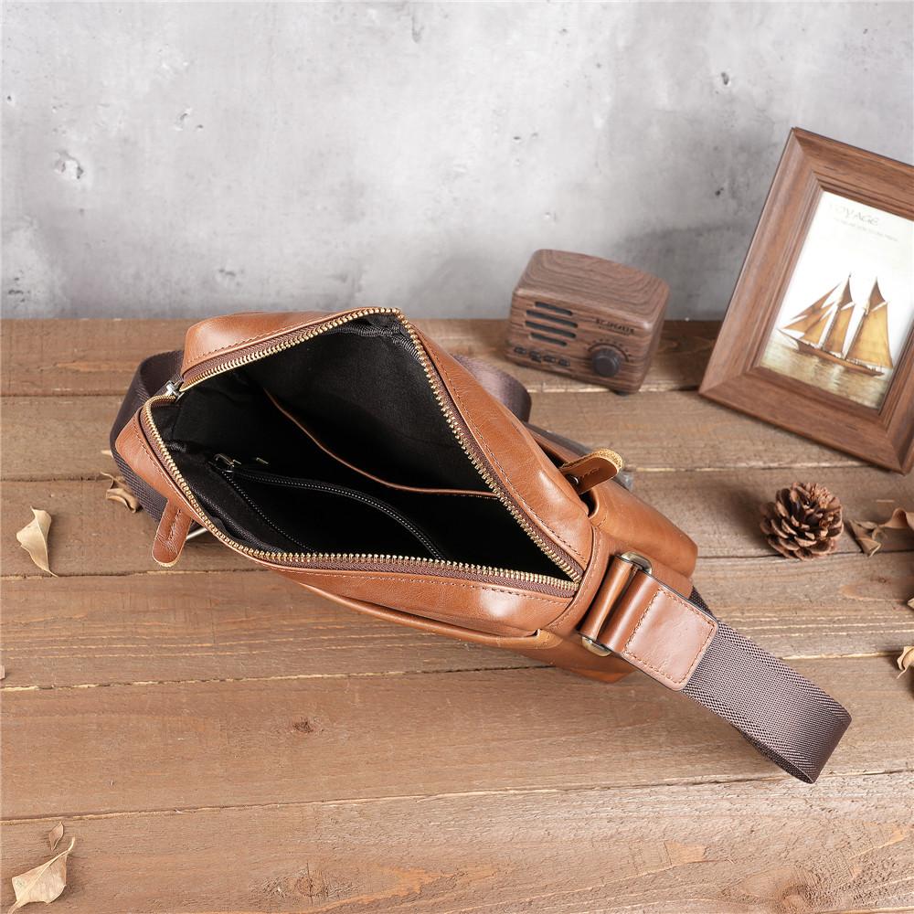 New Genuine Leather Men's Single Shoulder Tablet Bag, Retro Oil Wax Top Layer Cowhide Crossbody Bag
