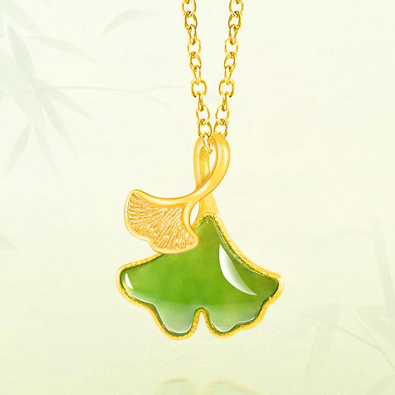 Spinach Green Hetian Jade Ginkgo Leaf Pendant Necklace in S925 Silver for Women