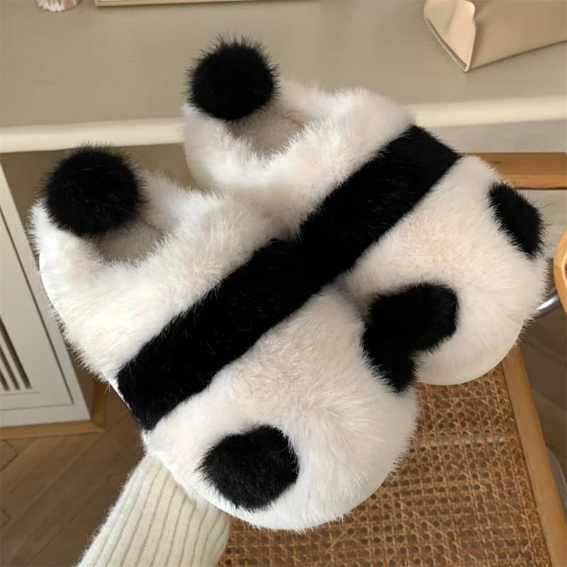 

Fashion Winter Indoor Panda Slippers Women Flat Furry Home Cartoon Women Cotton Shoes Female Cute Animal Warm Non-slip Shoes Slides 36-37