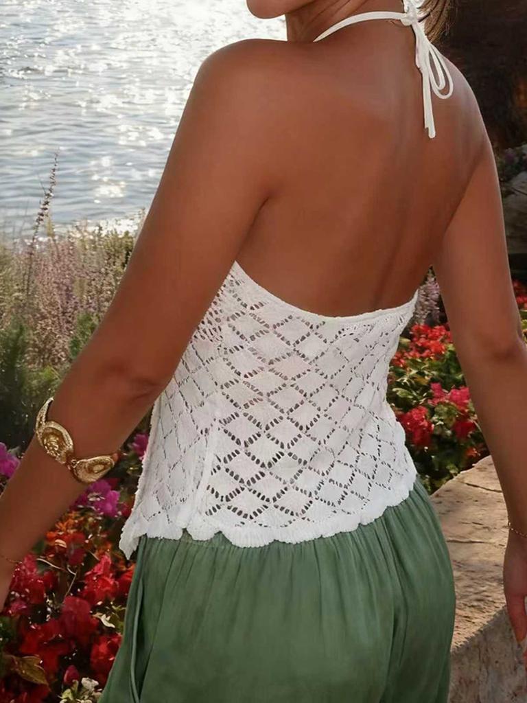 Women Sexy Halter Lace Up Backless Hollow Out Knit Cropped Top