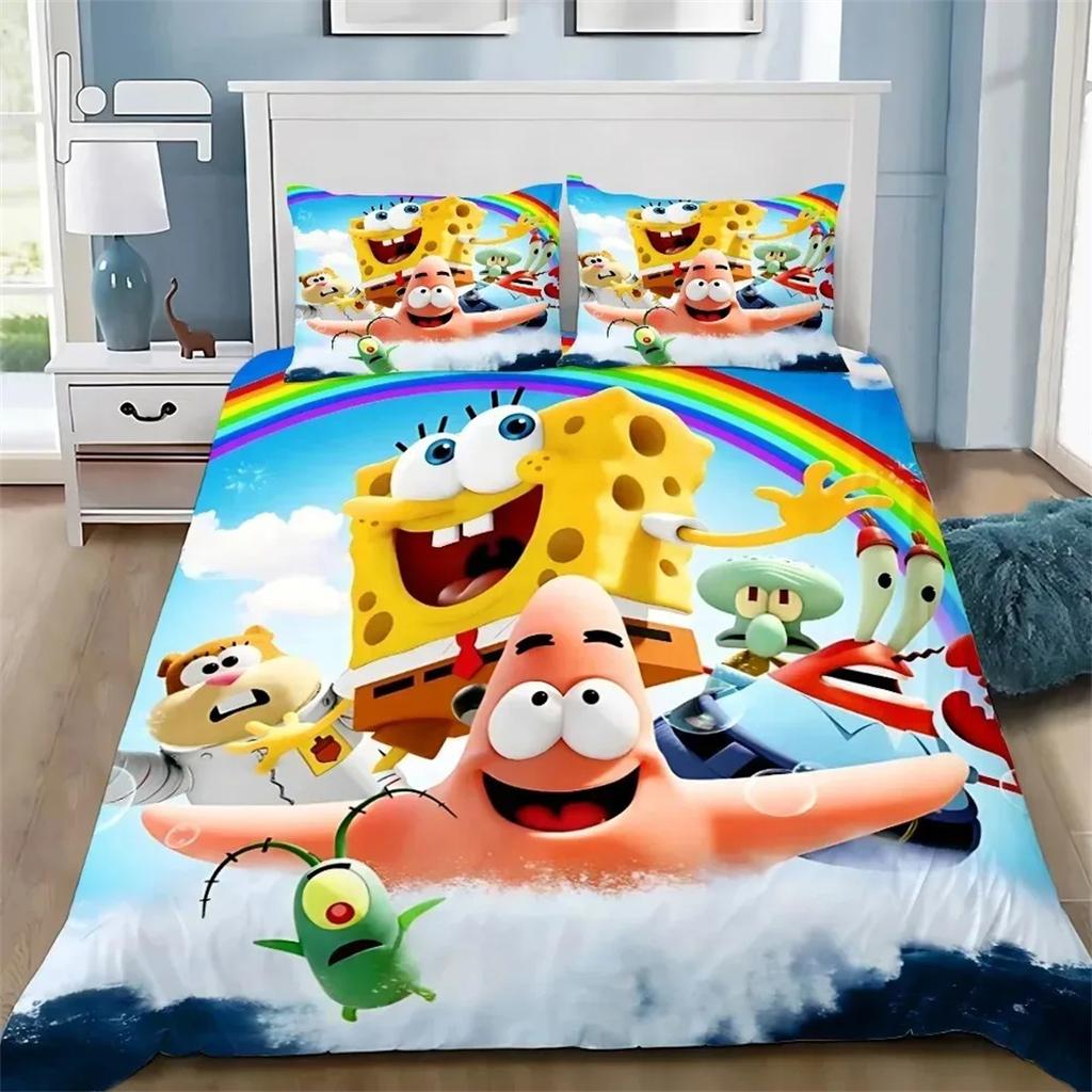 Cute Cartoon 3D Funny S-Spongebobs Duvet Cover Pillowcases Twin Full Queen King Size,Soft Microfiber Bedding Set For Kids Adults