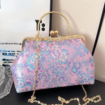 Pochette da sposa vintage da donna con fiori, con clip a conchiglia, con frange, con catena, borse a tracolla, borse a tracolla blu viola, borse e portamonete