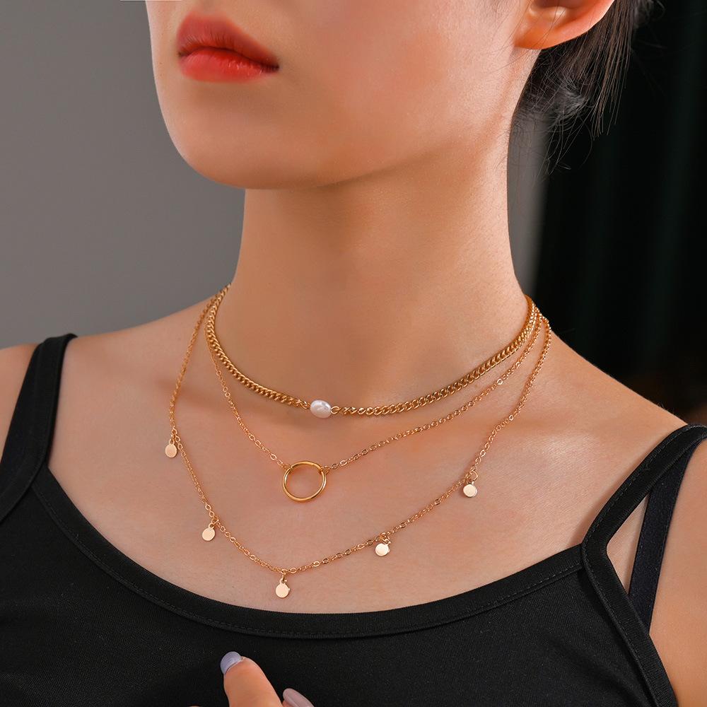 Europe, America, Europe and America Popular Geometric Circle Pearl Rhombus Fringed Women's Multi-layer Metal Necklace