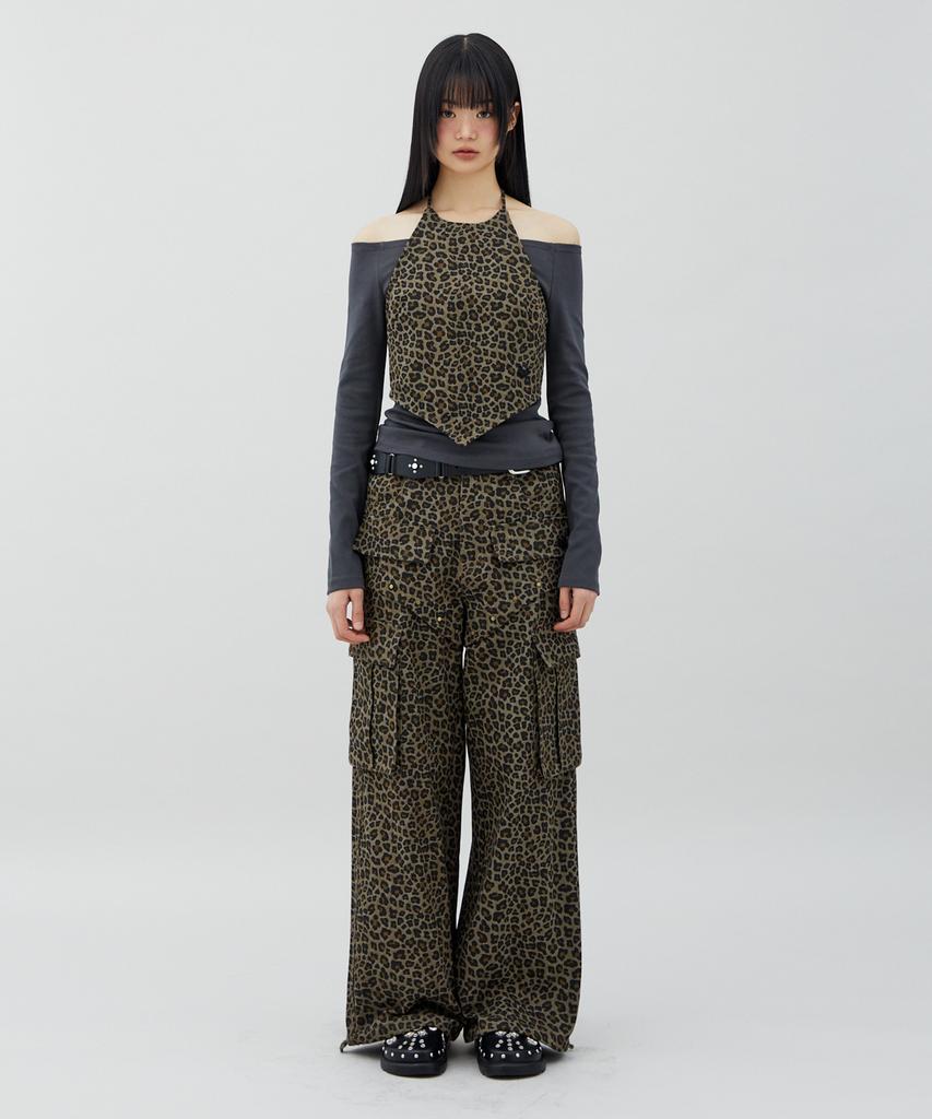 LALAFOX Leopard Print Rivet Pocket Point Pants Brown Br2Wp007