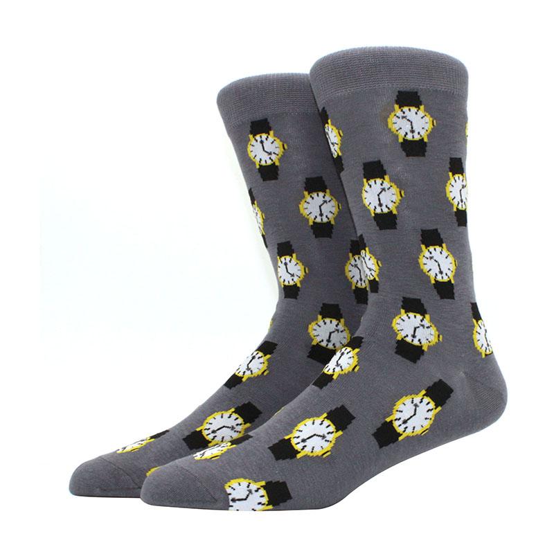 Roliga glada herrstrumpor med grafisk design, kammad bomull, omelett, groda, galen klocka, lax, majs, fågel, fisk, strumpa, julklapp