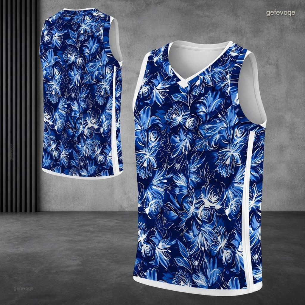 Men s Plus Size V Neck Sleeveless Tank Top Black Blue Floral Printed