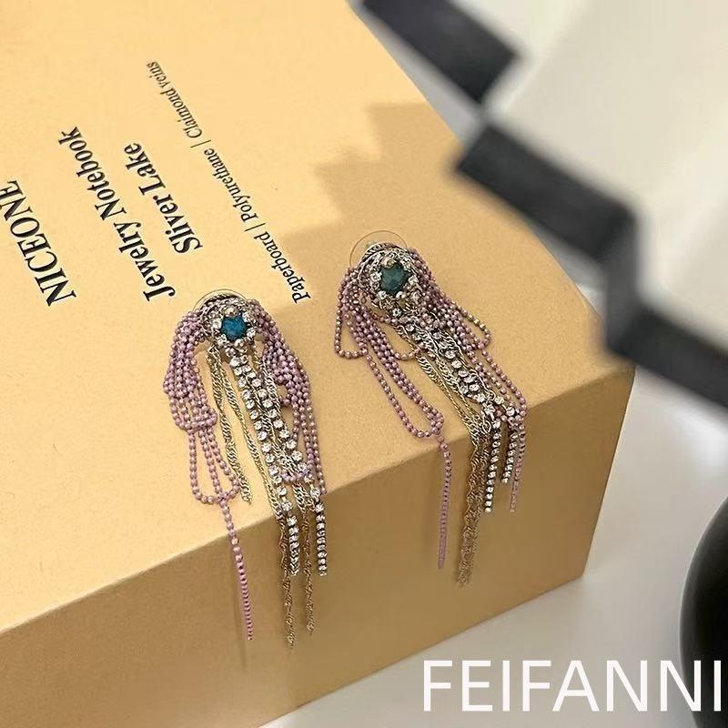 Vannie Bow Vintage Colorful Tassel Thread Rhinestone Earrings with Silver Needle - Elegant and Luxurious Statement Piece 925 Silver