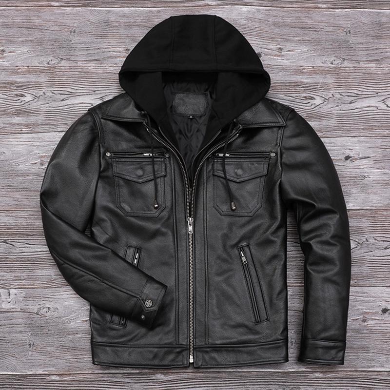 

Китайский размер съемный капюшон кожаная куртка мужская натуральная воловья кожа пальто тонкая байкерская одежда мужское пальто зимнее Veste Cuire Homme 3XL