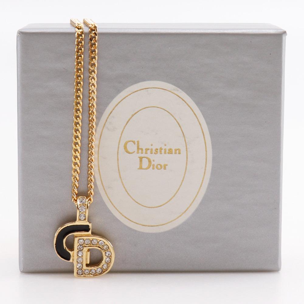 Dior CD Logo Necklace Plated Gold/Rhinestone 7.2g Women Used