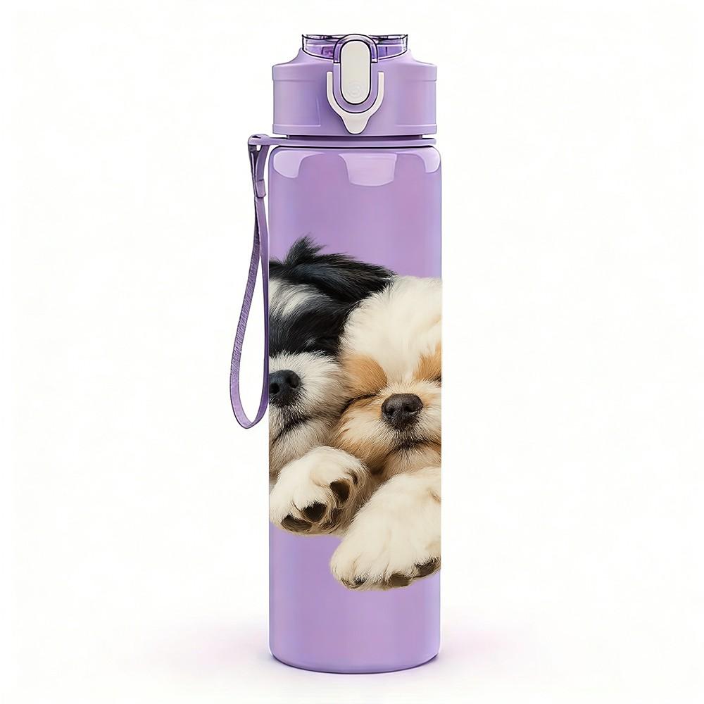 1PC Two Puppies Sleeping Together 750ml Color Plastic Sports Water Bottle Leakproof Flip Straw Lid Suitable for Sports Office Home Use