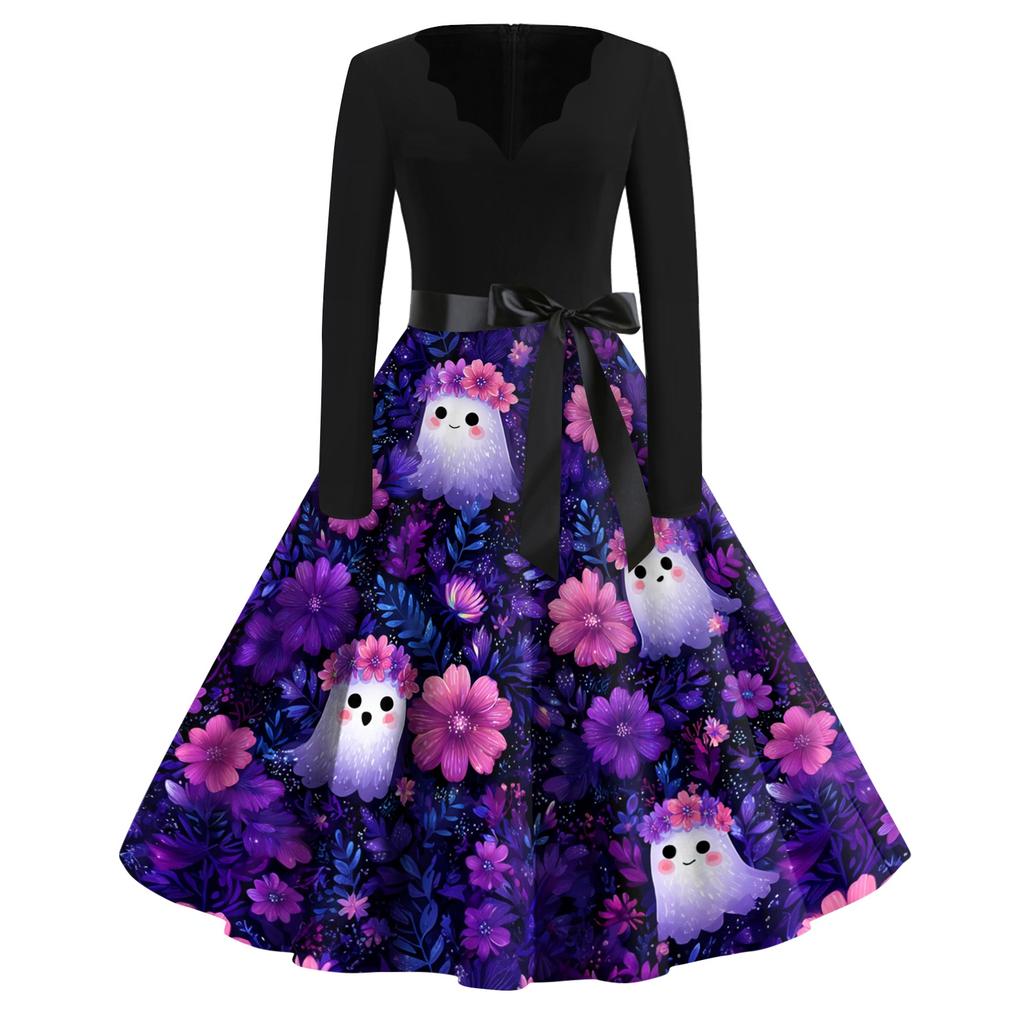 Women Casual Vintage Dress V Neck Long Sleeve Floral Print Retro Swing Dress with Waist Tie for Halloween