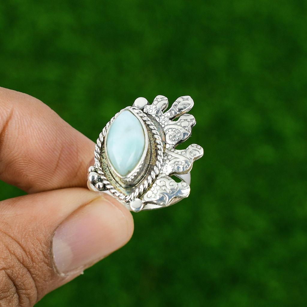 Gift For Women Statement Adjustable Ring 925 Silver Natural Larimar Gemstone