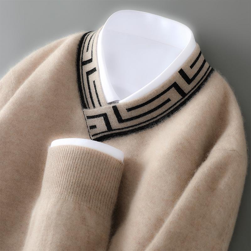 

Men s 100% Pure Wool Color Block V-Neck Sweater - Soft, Comfortable, Loose Fit, Business Casual Pullover L