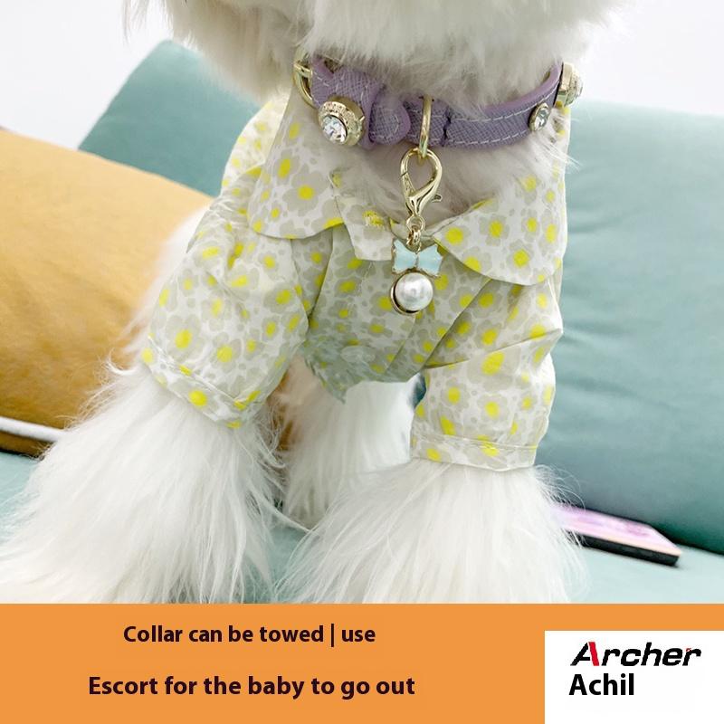 Achille Genuine Leather Pet Collar White Diamond White Gemstone Rivet Cowhide Collar Dog and Cat Collar Tractionable