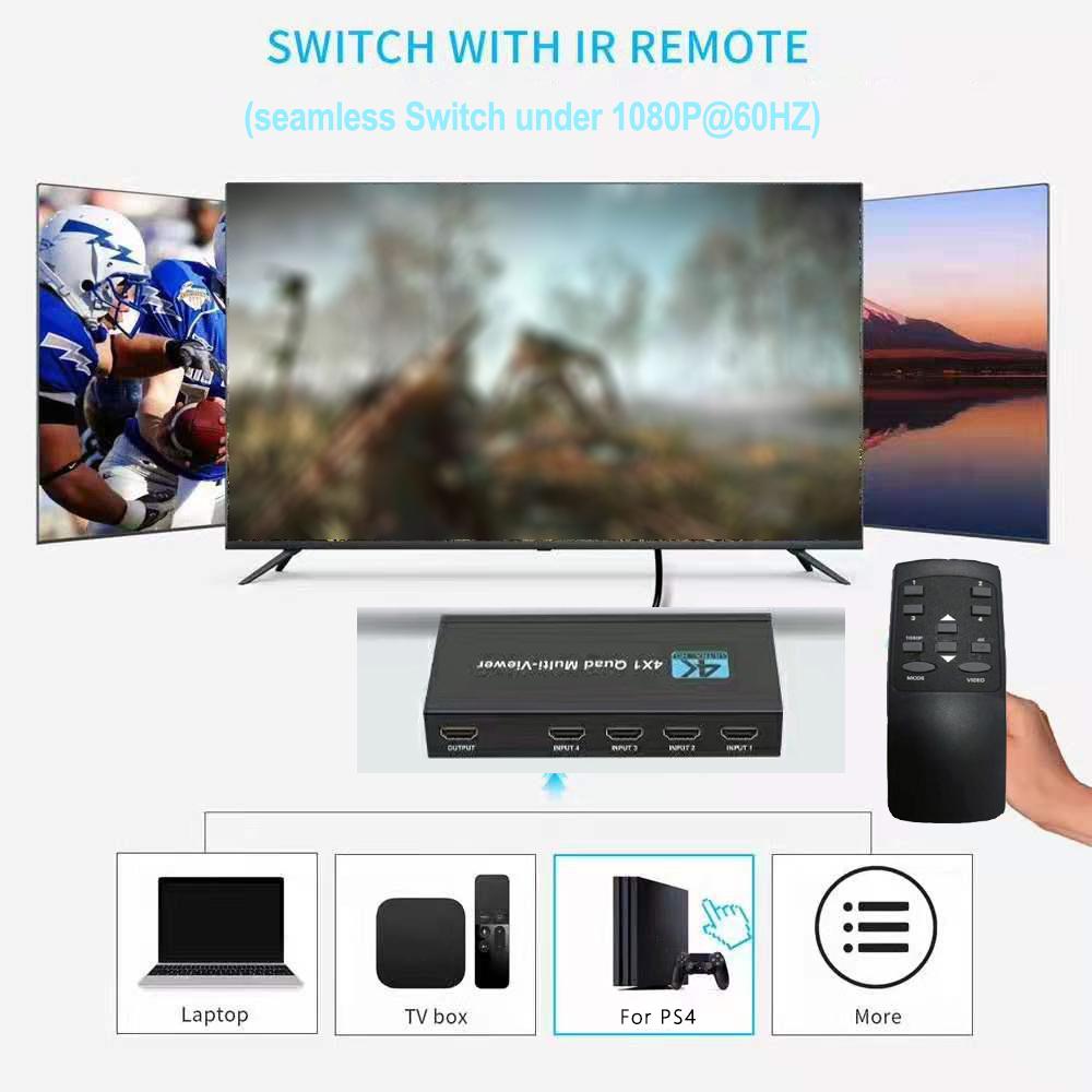 Multiviewer Switch 4x1 HDMI-Compatible Quad Seamless Switcher 4 In 1 Out Support 4K 30Hz For PS4 Camera Computer To TV Monitor