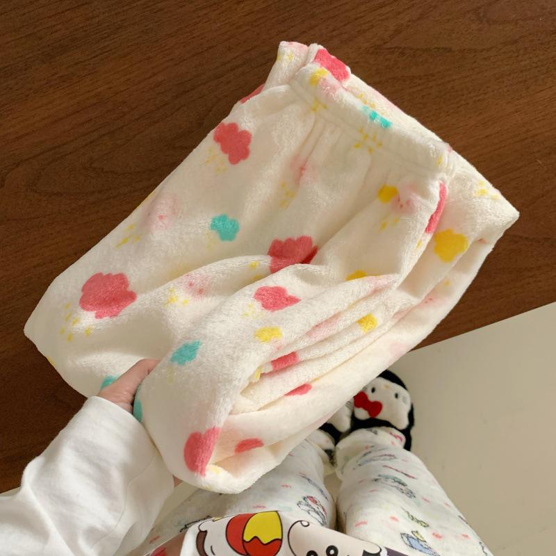 Women's Flannel Plaid Sleep Pants - Autumn/Winter Velvet Warm Coral Fleece Pajama Bottoms