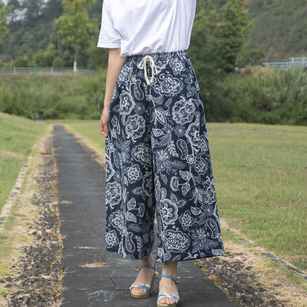Sommer Lockere Vintage Hose für Damen Baumwolle Leinen Retro Ethno Stil Weitbein Hose Elastischer Bund Cropped Hose