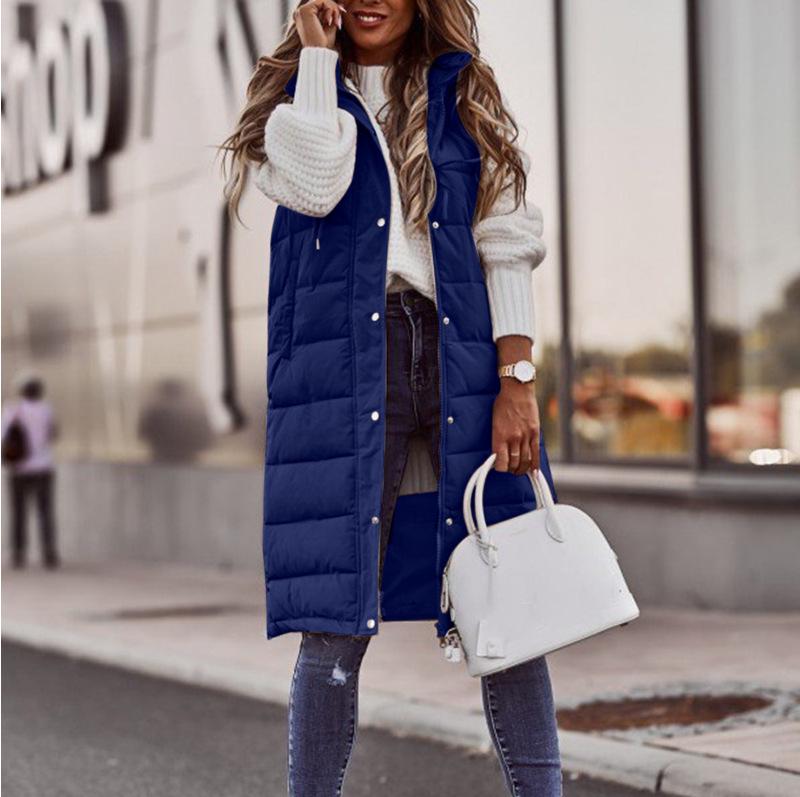 New European & American Fashion: Women's Solid Color Hooded Slim-Fit Sleeveless Mid-Length Cotton Vest