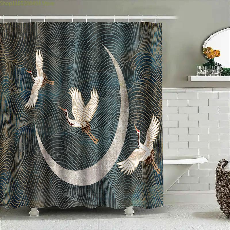 Stylowy wystrój łazienki: Zestaw zasłon prysznicowych z żurawiami księżycowymi do dekoracji domu Granatowy Złoty Nadruk Poliester Idealny Prezent