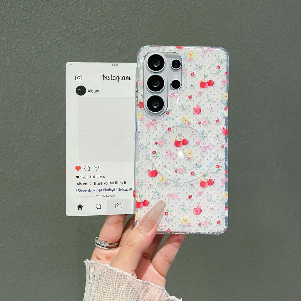 Cherry Blossom Floral Samsung S26 Ultra Magnetic Full Coverage Phone Case S24/S25 Protective Cover