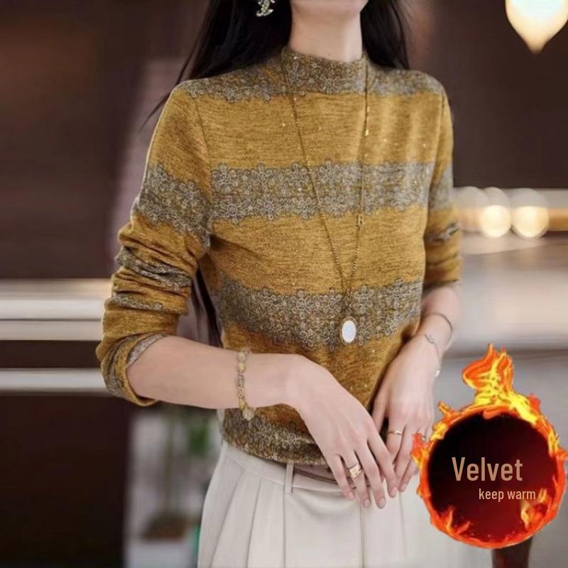 

Mom s Trendy U-Neck Plush Base Layer Top for Women - Slimming Long-Sleeved Autumn/Winter Inner Wear XL for 111-125 lbs