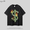 Mens Oversized Vintage American Streetwear T-Shirt With Distressed Flame Letter Print Loose Fit Cotton Crew Neck Tee