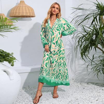 Spring and Autumn Women's Dress Pullover V-neck Sexy Printed Swing Long Sleeve Dresses