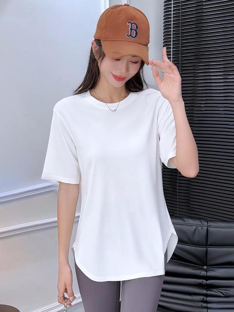 Women's Cool Ice Feel Solid Color Round Neck Short Sleeve Loose Fit Summer Top with Curved Hem