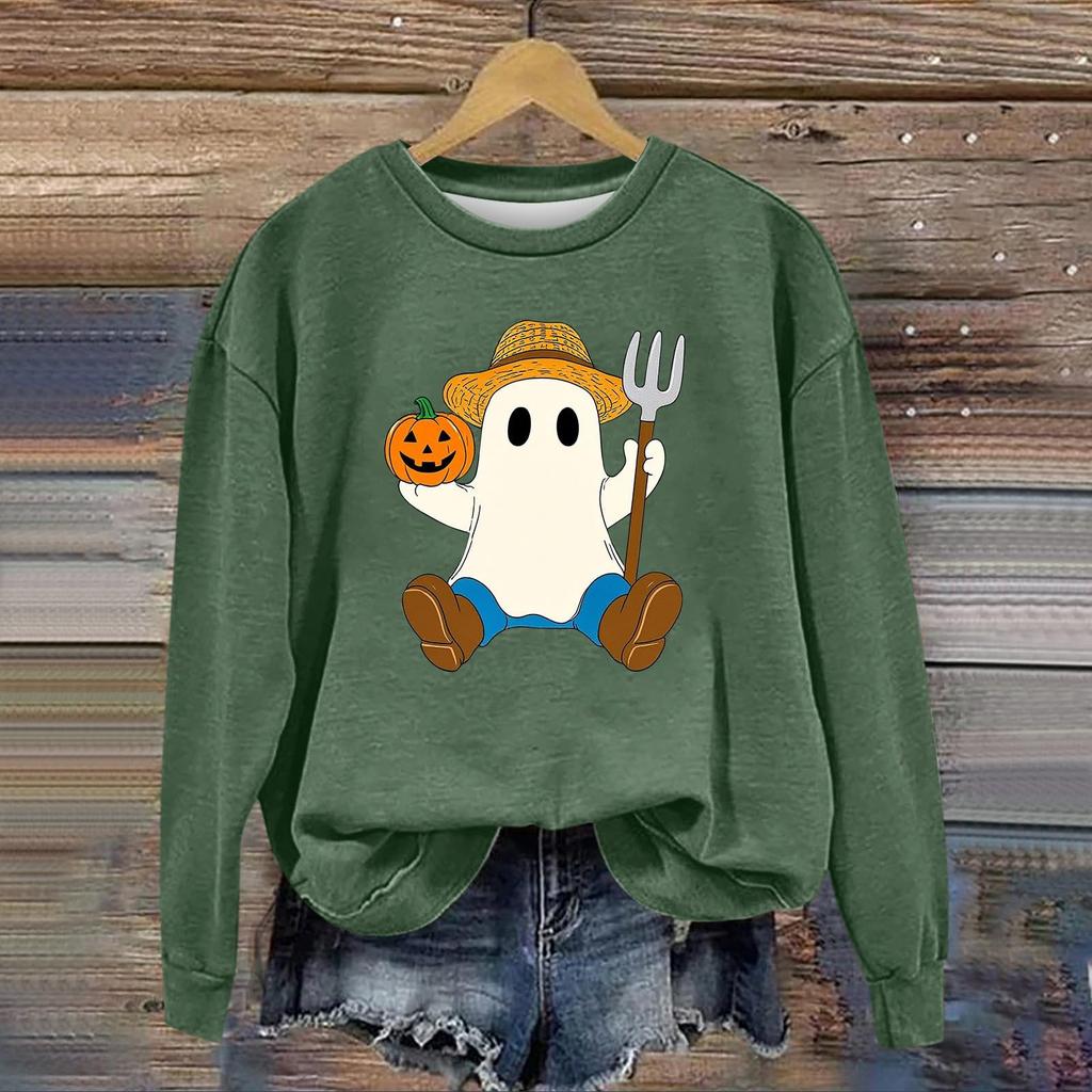 Women's Fashion Long Sleeve Halloween Print Round Neck Sweatshirt Top